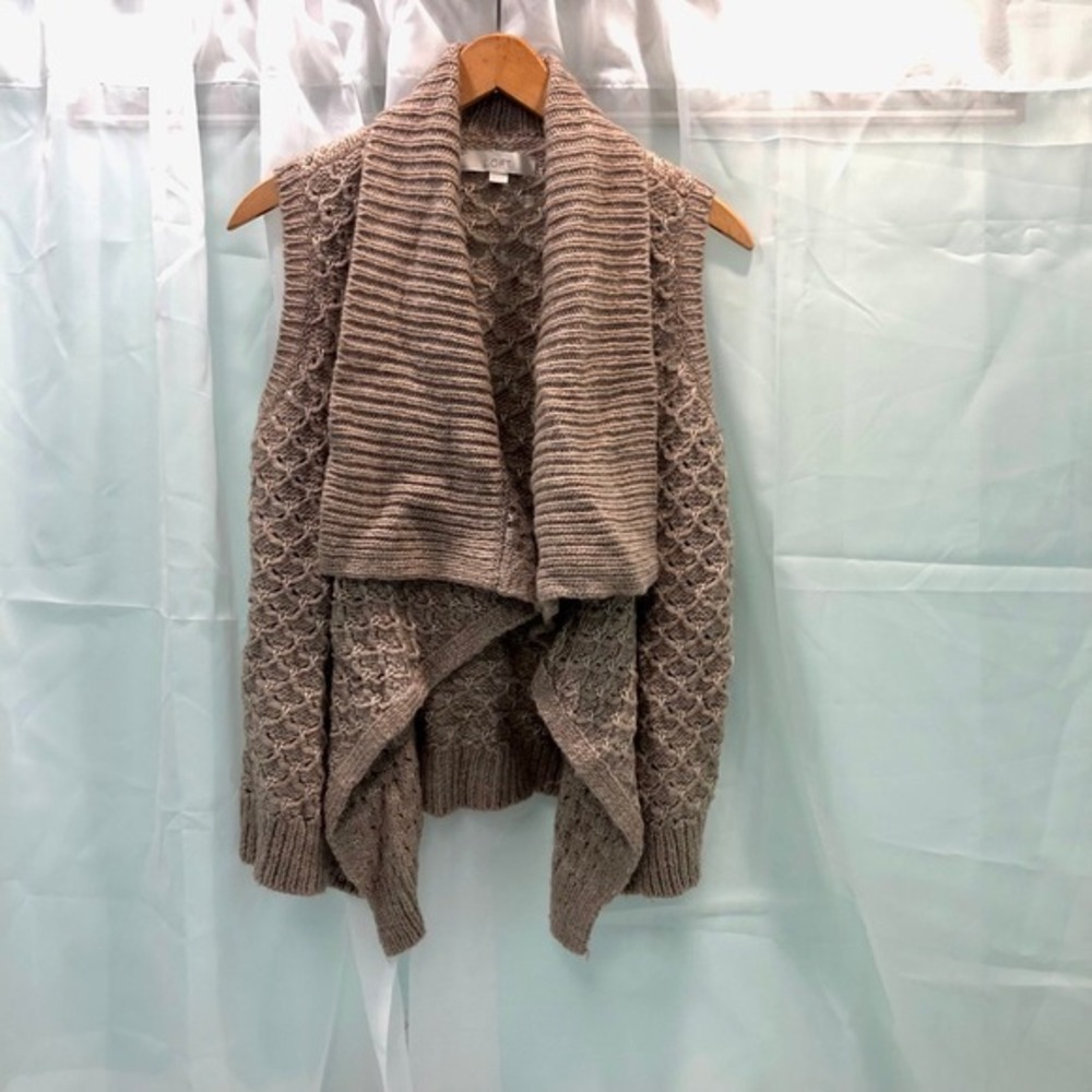 ANN TAYLOR LOFT Knit Cardigan‎ Vest Open Front Sleeveless Collared Tan Size S